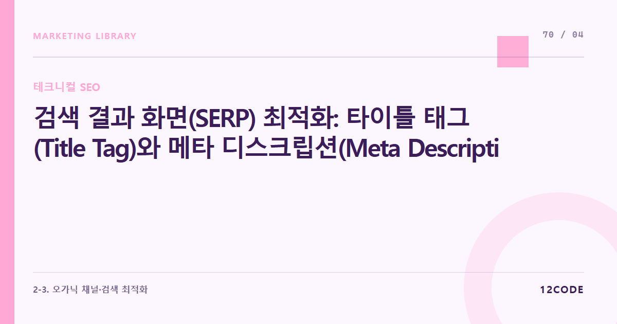 12code 라이브러리 아티클 표지. 검색 결과 화면(SERP) 최적화: 타이틀 태그(Title Tag)와 메타 디스크립션(Meta Description)의 글자 수 제한 및 후킹 배치 공식