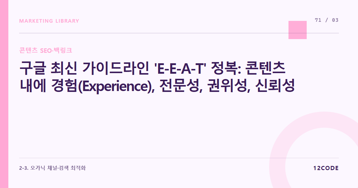 12code 라이브러리 아티클 표지. 구글 최신 가이드라인 'E-E-A-T' 정복: 콘텐츠 내에 경험(Experience), 전문성, 권위성, 신뢰성을 녹여 상위 노출하는 정석