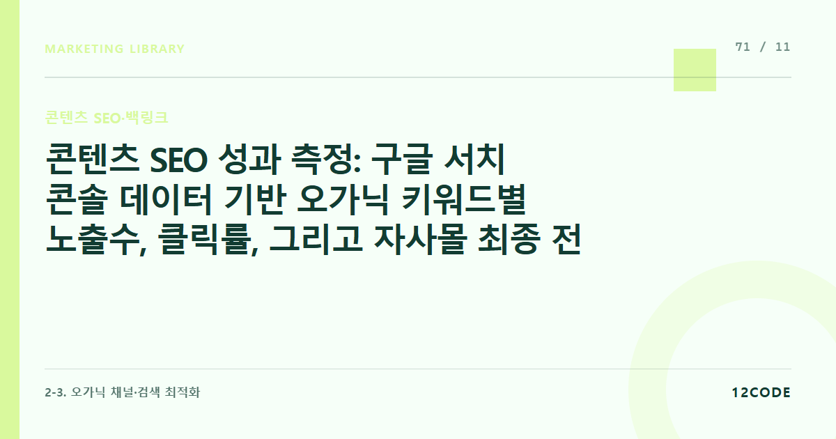 12code 라이브러리 아티클 표지. 콘텐츠 SEO 성과 측정: 구글 서치 콘솔 데이터 기반 오가닉 키워드별 노출수, 클릭률, 그리고 자사몰 최종 전환 매출액 정산