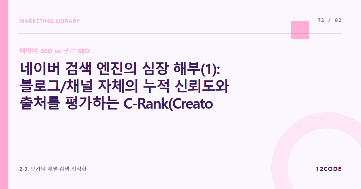 12code 라이브러리 아티클 표지. 네이버 검색 엔진의 심장 해부(1): 블로그/채널 자체의 누적 신뢰도와 출처를 평가하는 C-Rank(Creator Rank) 로직 완벽 대응