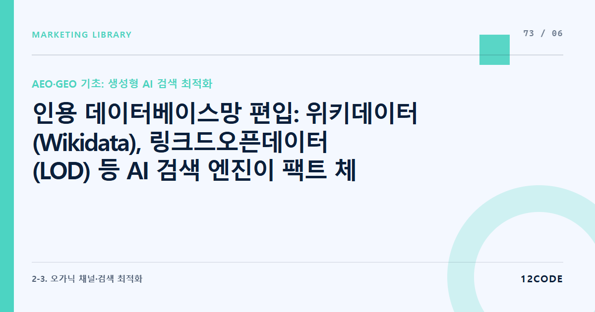 12code 라이브러리 아티클 표지. 인용 데이터베이스망 편입: 위키데이터(Wikidata), 링크드오픈데이터(LOD) 등 AI 검색 엔진이 팩트 체크용으로 신뢰하는 허브에 정보 동기화