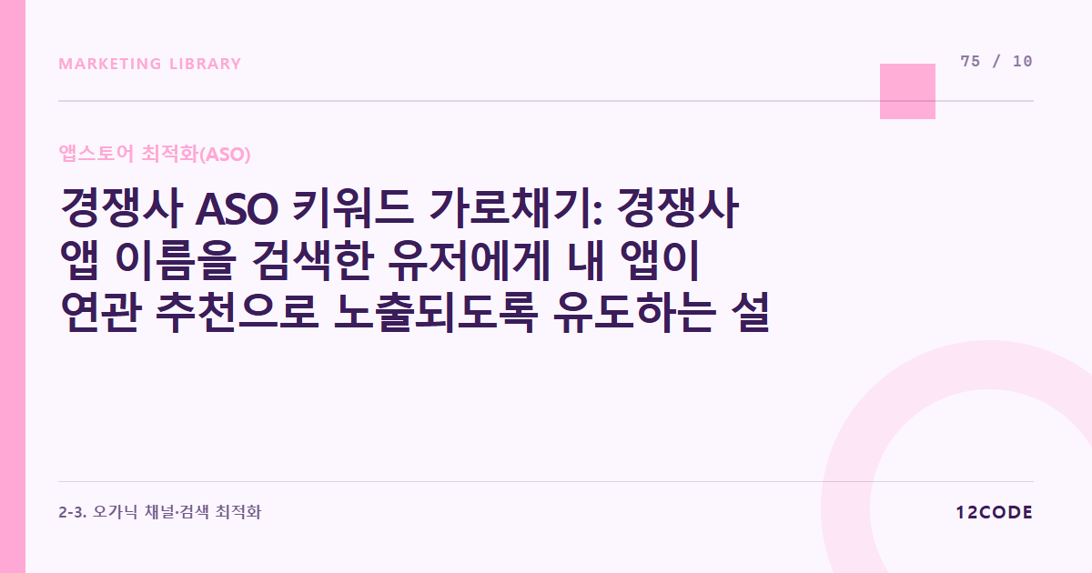 12code 라이브러리 아티클 표지. 경쟁사 ASO 키워드 가로채기: 경쟁사 앱 이름을 검색한 유저에게 내 앱이 연관 추천으로 노출되도록 유도하는 설명란 벤치마킹 기술