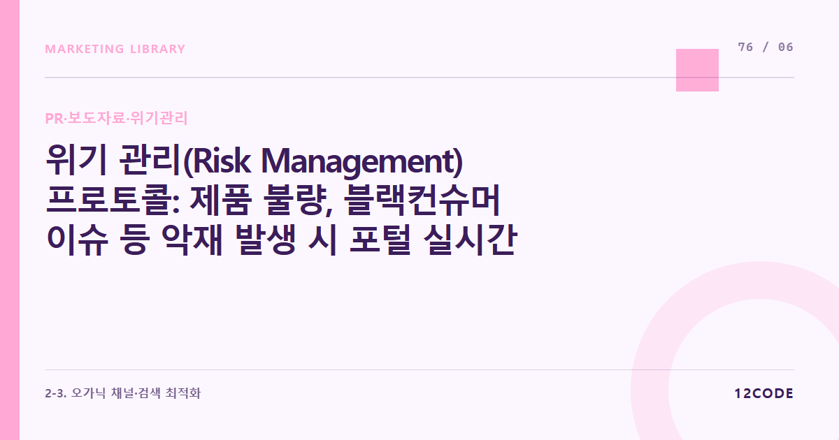 12code 라이브러리 아티클 표지. 위기 관리(Risk Management) 프로토콜: 제품 불량, 블랙컨슈머 이슈 등 악재 발생 시 포털 실시간 뉴스 모니터링 및 공식 사과문/입장문 작성 원칙
