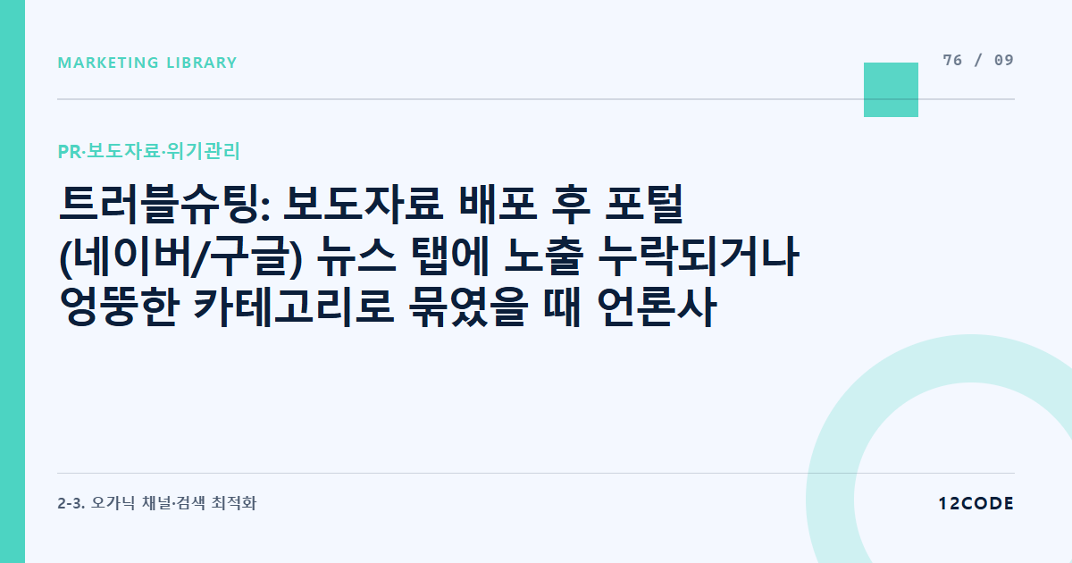 12code 라이브러리 아티클 표지. 트러블슈팅: 보도자료 배포 후 포털(네이버/구글) 뉴스 탭에 노출 누락되거나 엉뚱한 카테고리로 묶였을 때 언론사 지사 송고부 정정 요청 룰