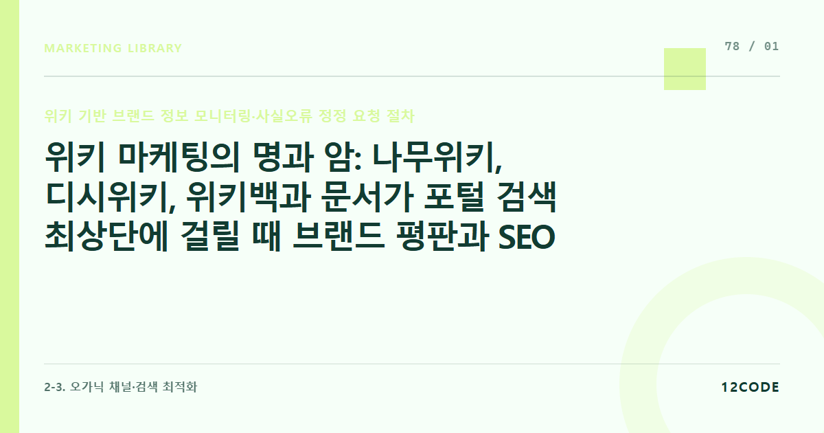 12code 라이브러리 아티클 표지. 위키 마케팅의 명과 암: 나무위키, 디시위키, 위키백과 문서가 포털 검색 최상단에 걸릴 때 브랜드 평판과 SEO에 미치는 절대적 위력