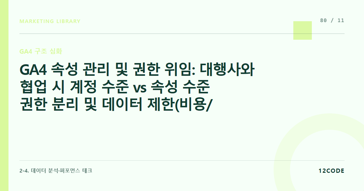 12code 라이브러리 아티클 표지. GA4 속성 관리 및 권한 위임: 대행사와 협업 시 계정 수준 vs 속성 수준 권한 분리 및 데이터 제한(비용/매출 숨김) 세팅