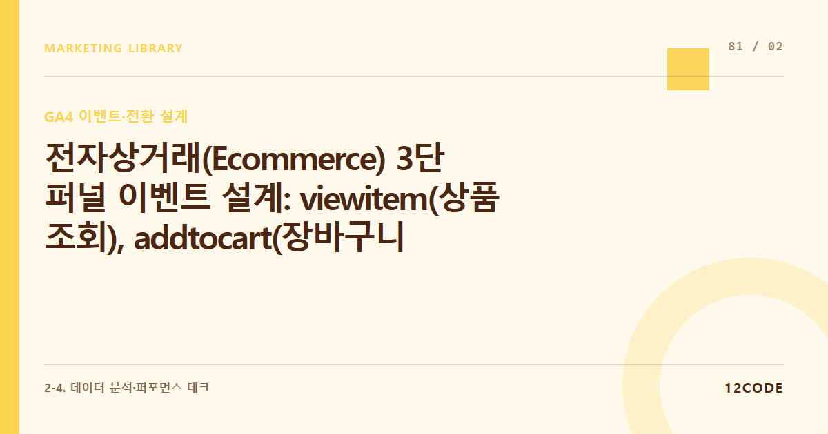 12code 라이브러리 아티클 표지. 전자상거래(Ecommerce) 3단 퍼널 이벤트 설계: view_item(상품 조회), add_to_cart(장바구니), purchase(구매 완료) 파라미터 매칭