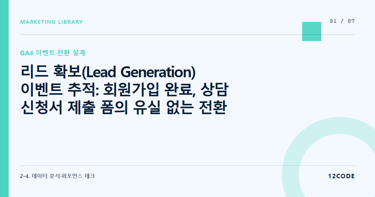 12code 라이브러리 아티클 표지. 리드 확보(Lead Generation) 이벤트 추적: 회원가입 완료, 상담 신청서 제출 폼의 유실 없는 전환 트리거 세팅 룰