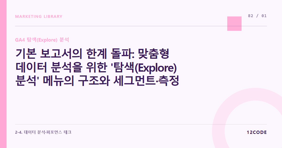 12code 라이브러리 아티클 표지. 기본 보고서의 한계 돌파: 맞춤형 데이터 분석을 위한 '탐색(Explore) 분석' 메뉴의 구조와 세그먼트·측정기준·지표 배치 룰