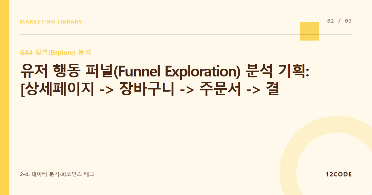 12code 라이브러리 아티클 표지. 유저 행동 퍼널(Funnel Exploration) 분석 기획: [상세페이지 -> 장바구니 -> 주문서 -> 결제완료] 단계별 유실율 및 소요 시간 계측