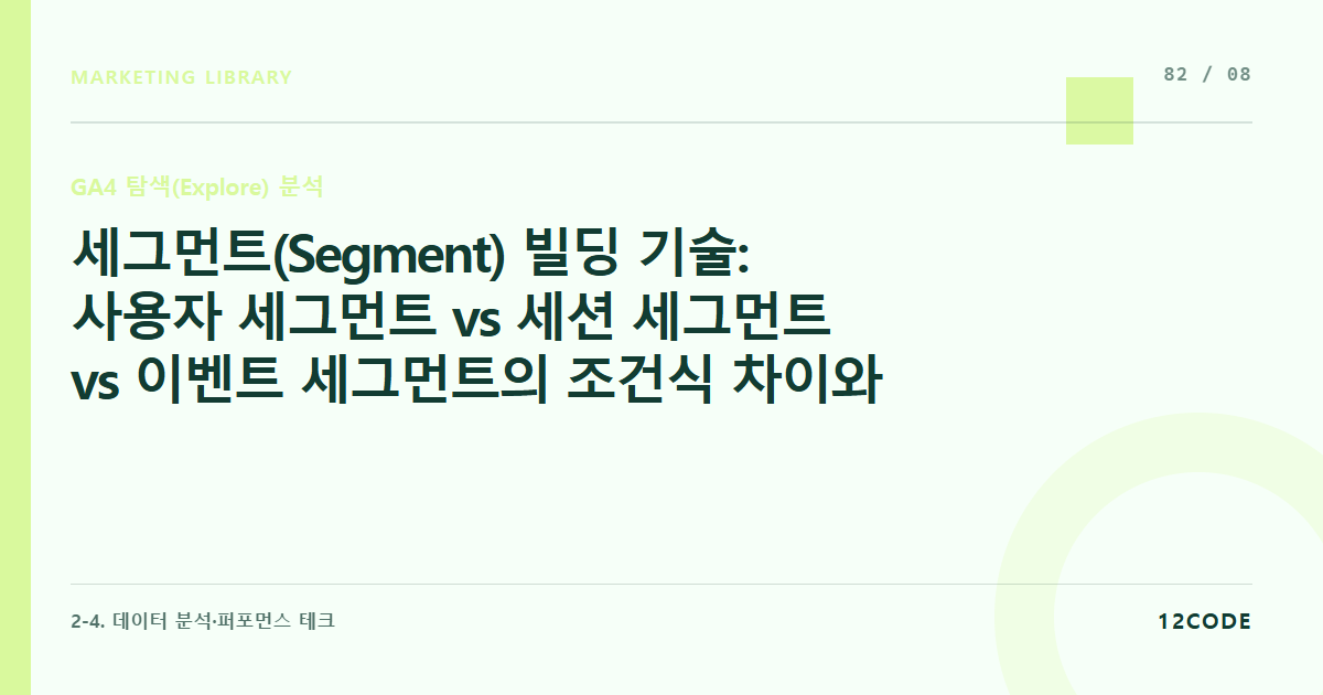 12code 라이브러리 아티클 표지. 세그먼트(Segment) 빌딩 기술: 사용자 세그먼트 vs 세션 세그먼트 vs 이벤트 세그먼트의 조건식 차이와 실무 적용