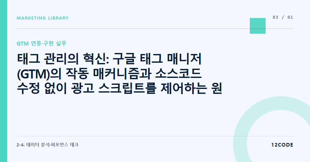 12code 라이브러리 아티클 표지. 태그 관리의 혁신: 구글 태그 매니저(GTM)의 작동 매커니즘과 소스코드 수정 없이 광고 스크립트를 제어하는 원리