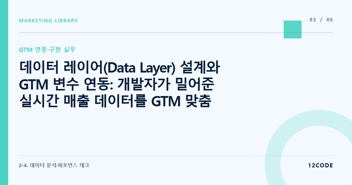 12code 라이브러리 아티클 표지. 데이터 레이어(Data Layer) 설계와 GTM 변수 연동: 개발자가 밀어준 실시간 매출 데이터를 GTM 맞춤 변수로 파싱하는 법