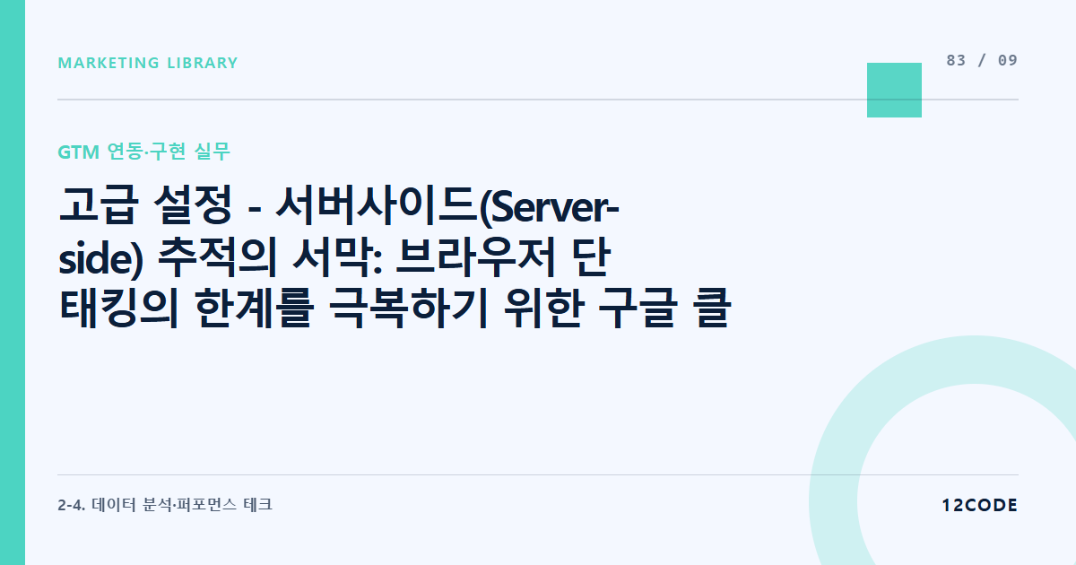12code 라이브러리 아티클 표지. 고급 설정 - 서버사이드(Server-side) 추적의 서막: 브라우저 단 태킹의 한계를 극복하기 위한 구글 클라우드 플랫폼(GCP) 연동 기초