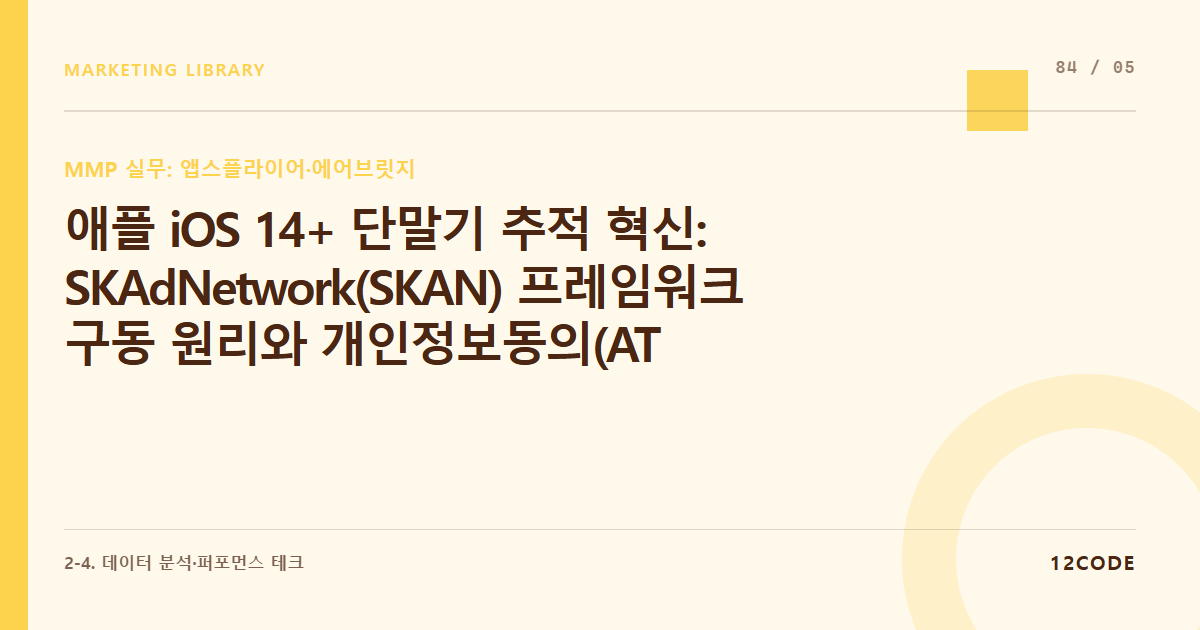 12code 라이브러리 아티클 표지. 애플 iOS 14+ 단말기 추적 혁신: SKAdNetwork(SKAN) 프레임워크 구동 원리와 개인정보동의(ATT) 팝업 최적화 UX 타이밍