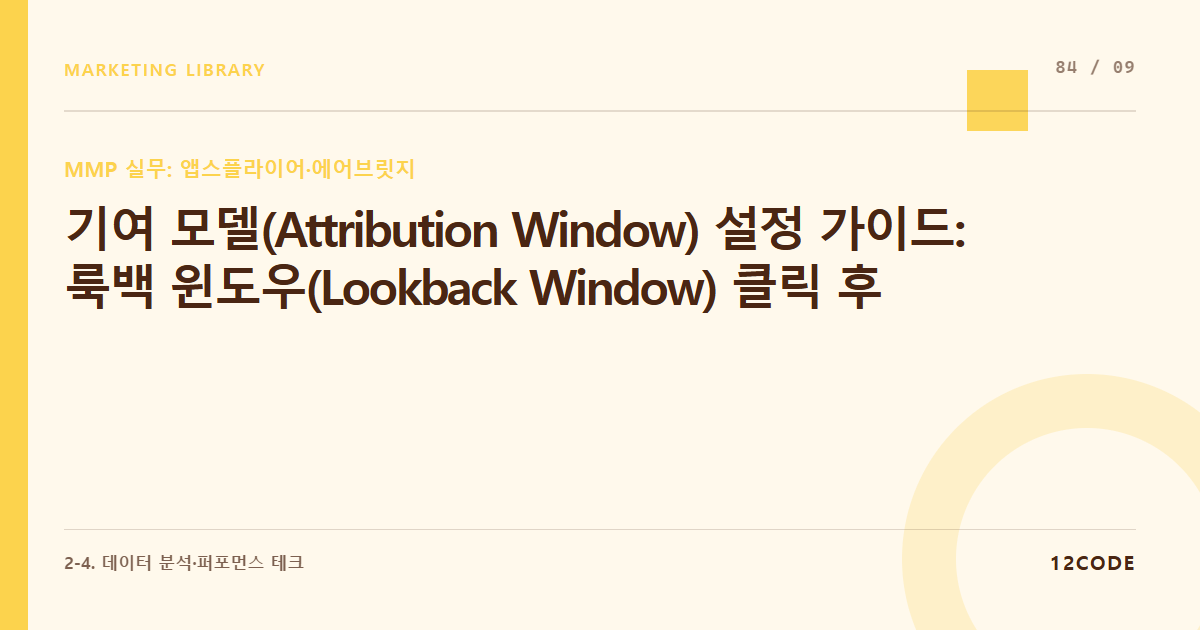 12code 라이브러리 아티클 표지. 기여 모델(Attribution Window) 설정 가이드: 룩백 윈도우(Lookback Window) 클릭 후 7일/조회 후 1일 기준 변경이 앱 ROAS에 미치는 영향