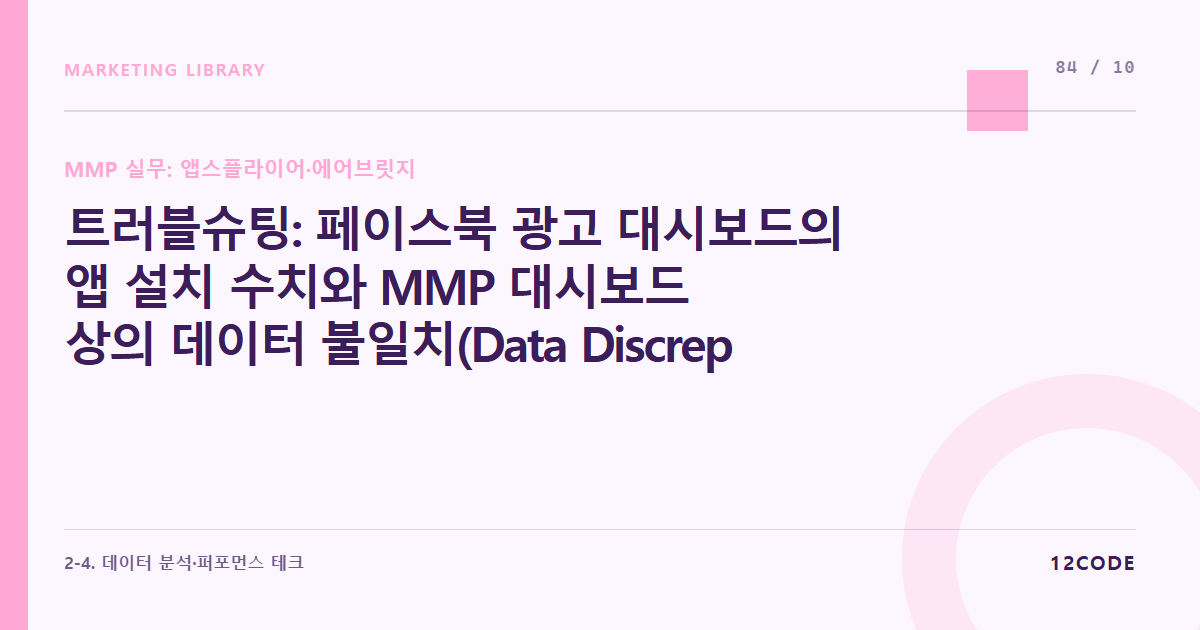 12code 라이브러리 아티클 표지. 트러블슈팅: 페이스북 광고 대시보드의 앱 설치 수치와 MMP 대시보드 상의 데이터 불일치(Data Discrepancy) 원인 분석 및 조율