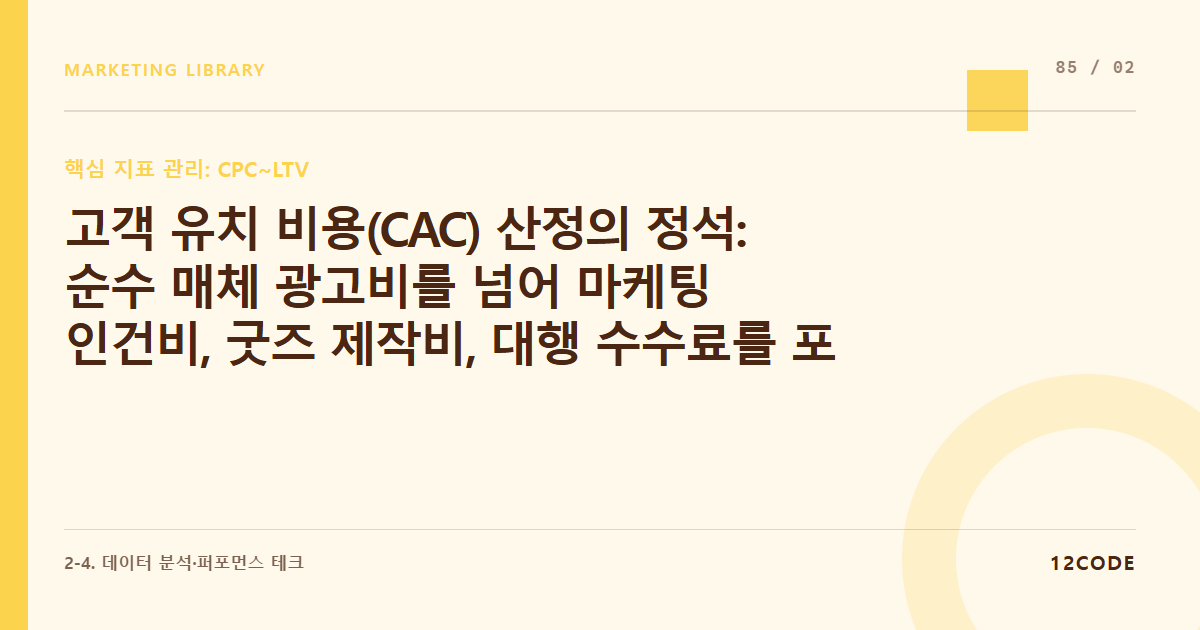 12code 라이브러리 아티클 표지. 고객 유치 비용(CAC) 산정의 정석: 순수 매체 광고비를 넘어 마케팅 인건비, 굿즈 제작비, 대행 수수료를 포함한 True CAC 계산법