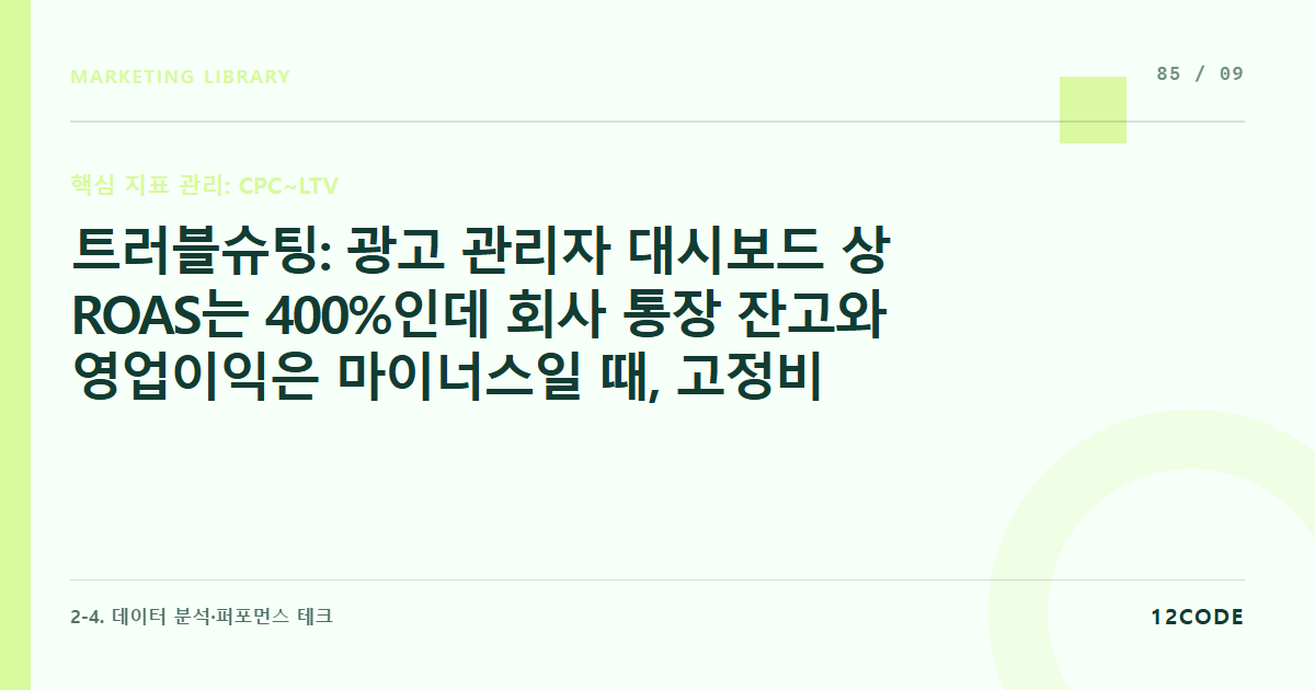12code 라이브러리 아티클 표지. 트러블슈팅: 광고 관리자 대시보드 상 ROAS는 400%인데 회사 통장 잔고와 영업이익은 마이너스일 때, 고정비/물류비 포함 마진율 재검수