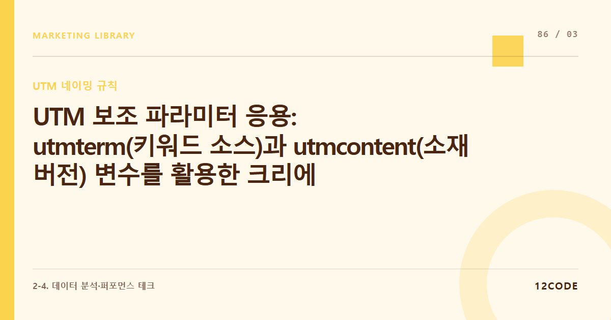 12code 라이브러리 아티클 표지. UTM 보조 파라미터 응용: utm_term(키워드 소스)과 utm_content(소재 버전) 변수를 활용한 크리에이티브 A/B 테스트 정밀 추적