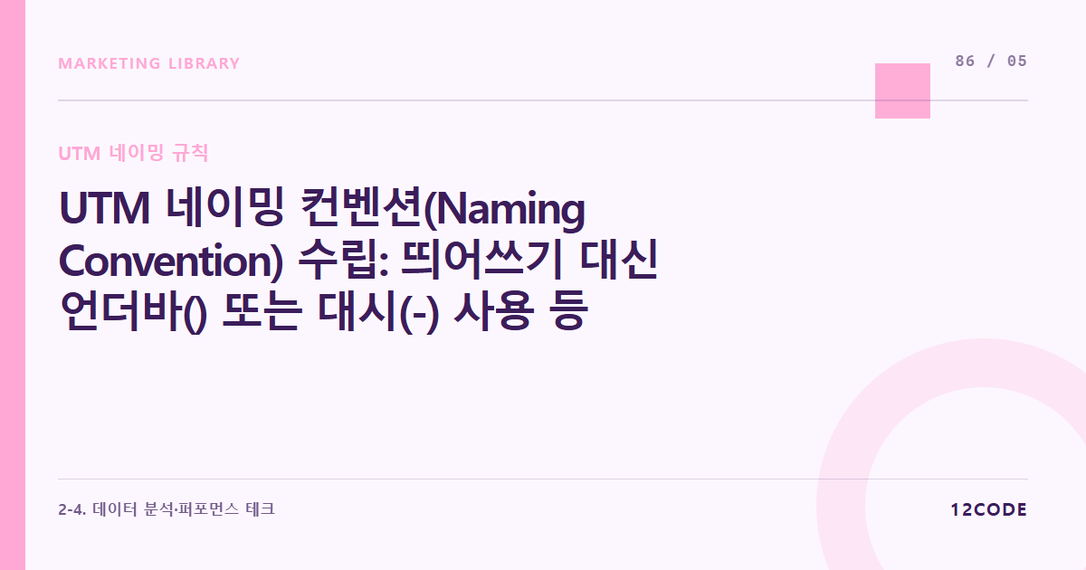 12code 라이브러리 아티클 표지. UTM 네이밍 컨벤션(Naming Convention) 수립: 띄어쓰기 대신 언더바(_) 또는 대시(-) 사용 등 마케팅 팀 전용 UTM 표기 표준 규정집 짜기