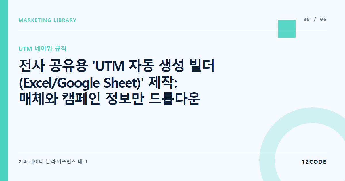 12code 라이브러리 아티클 표지. 전사 공유용 'UTM 자동 생성 빌더(Excel/Google Sheet)' 제작: 매체와 캠페인 정보만 드롭다운으로 선택하면 UTM 링크가 자동 연산되는 시트