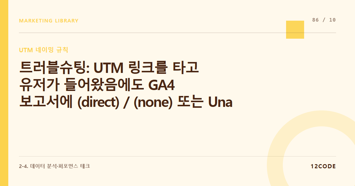 12code 라이브러리 아티클 표지. 트러블슈팅: UTM 링크를 타고 유저가 들어왔음에도 GA4 보고서에 (direct) / (none) 또는 Unassigned 항목으로 트래픽이 유실되는 원인 분석