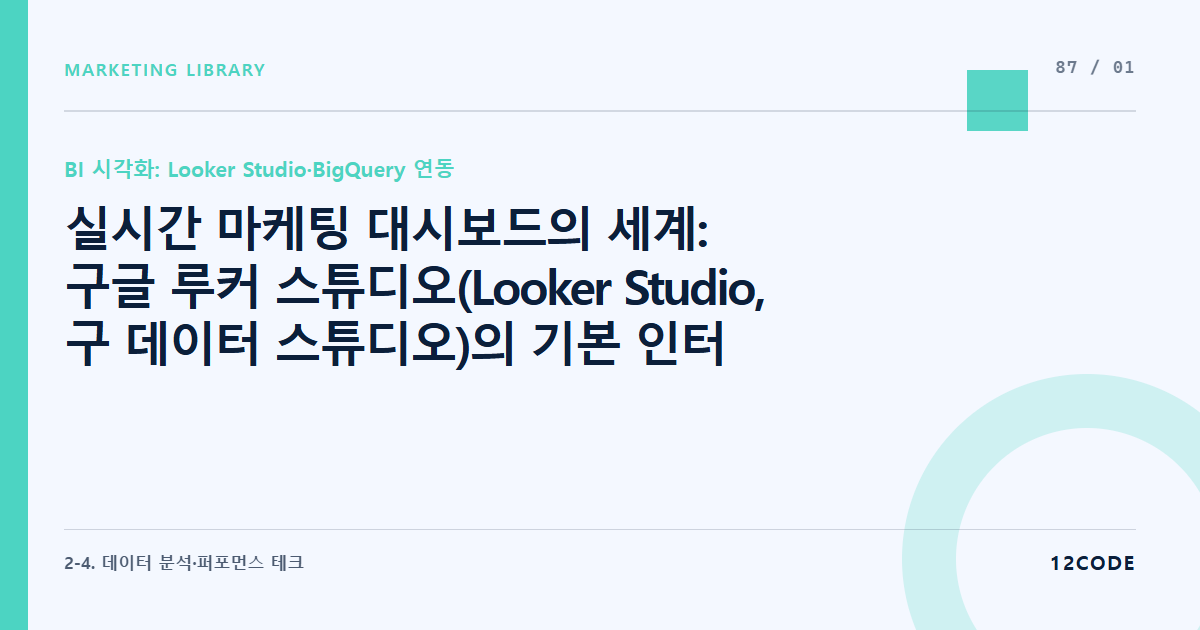 12code 라이브러리 아티클 표지. 실시간 마케팅 대시보드의 세계: 구글 루커 스튜디오(Looker Studio, 구 데이터 스튜디오)의 기본 인터페이스와 데이터 소스 연결법