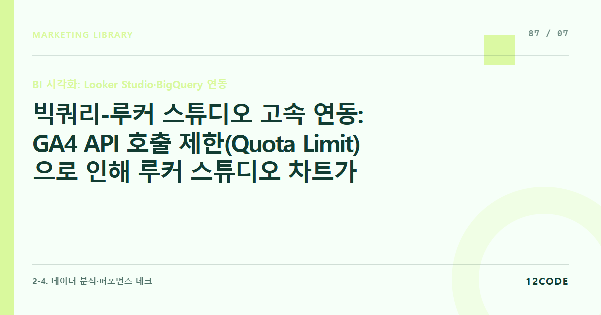 12code 라이브러리 아티클 표지. 빅쿼리-루커 스튜디오 고속 연동: GA4 API 호출 제한(Quota Limit)으로 인해 루커 스튜디오 차트가 깨지는 오류를 빅쿼리 SQL 연동으로 완벽 해결