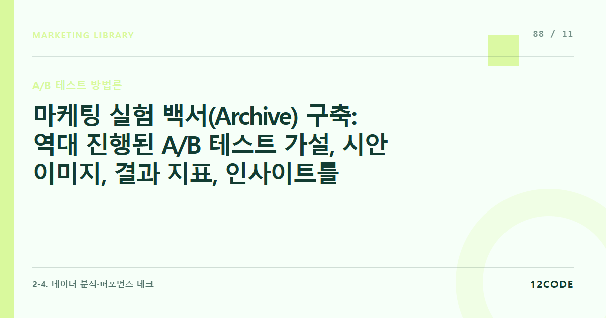 12code 라이브러리 아티클 표지. 마케팅 실험 백서(Archive) 구축: 역대 진행된 A/B 테스트 가설, 시안 이미지, 결과 지표, 인사이트를 문서화하여 팀 내 실패 비용 줄이기