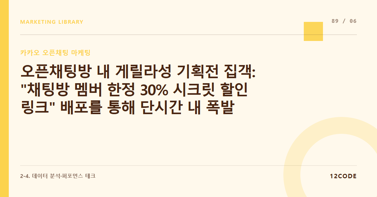 12code 라이브러리 아티클 표지. 오픈채팅방 내 게릴라성 기획전 집객: "채팅방 멤버 한정 30% 시크릿 할인 링크" 배포를 통해 단시간 내 폭발적인 자사몰 결제 스파이크 유도