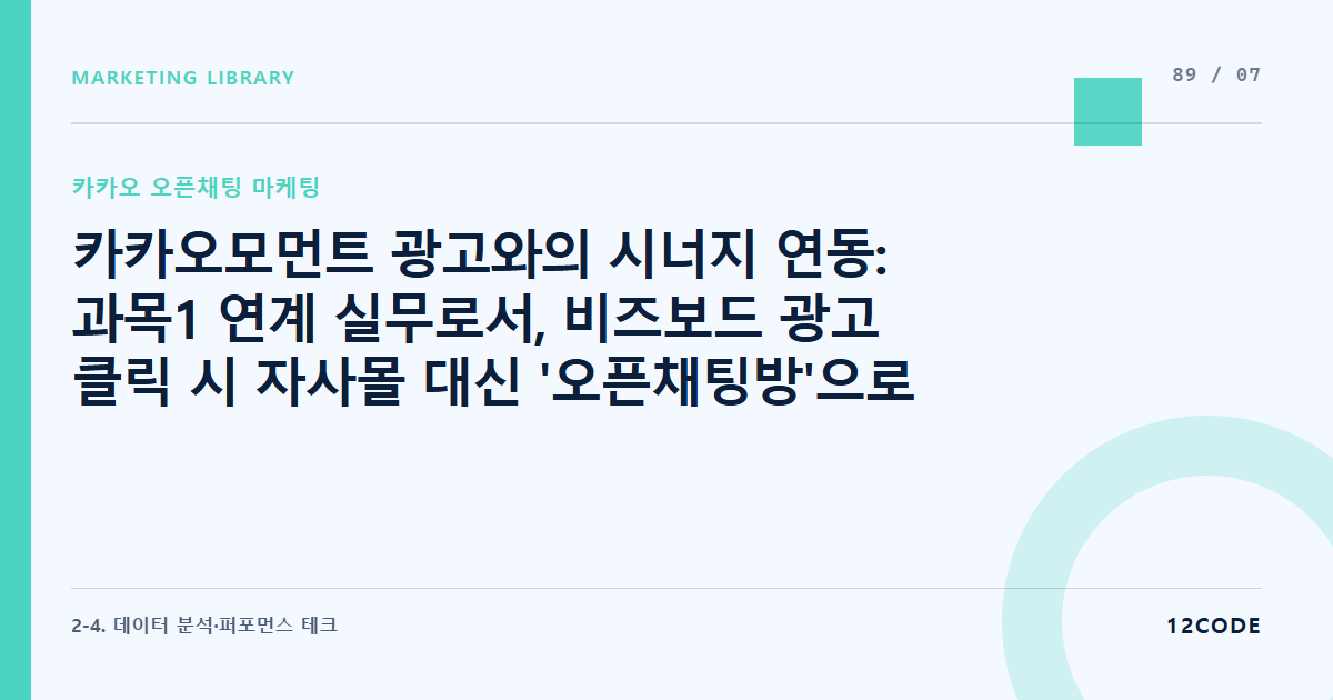 12code 라이브러리 아티클 표지. 카카오모먼트 광고와의 시너지 연동: 과목1 연계 실무로서, 비즈보드 광고 클릭 시 자사몰 대신 '오픈채팅방'으로 직접 랜딩시켜 유저 직집객