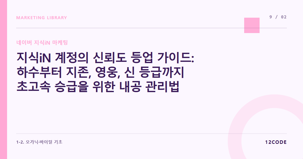 12code 라이브러리 아티클 표지. 지식iN 계정의 신뢰도 등업 가이드: 하수부터 지존, 영웅, 신 등급까지 초고속 승급을 위한 내공 관리법