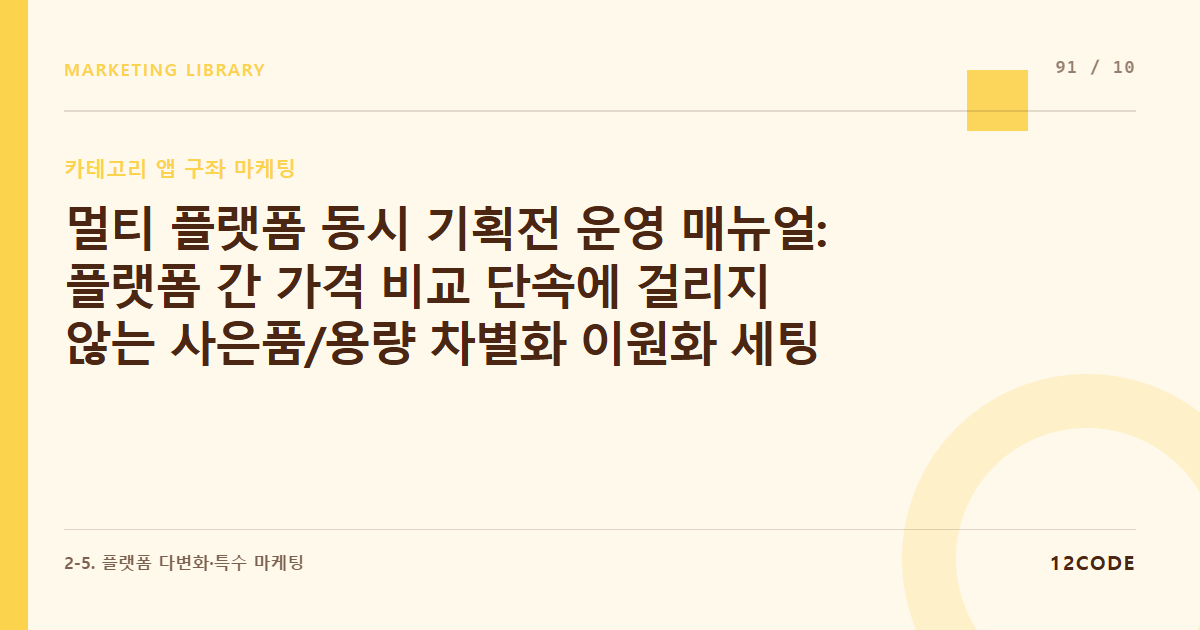 12code 라이브러리 아티클 표지. 멀티 플랫폼 동시 기획전 운영 매뉴얼: 플랫폼 간 가격 비교 단속에 걸리지 않는 사은품/용량 차별화 이원화 세팅