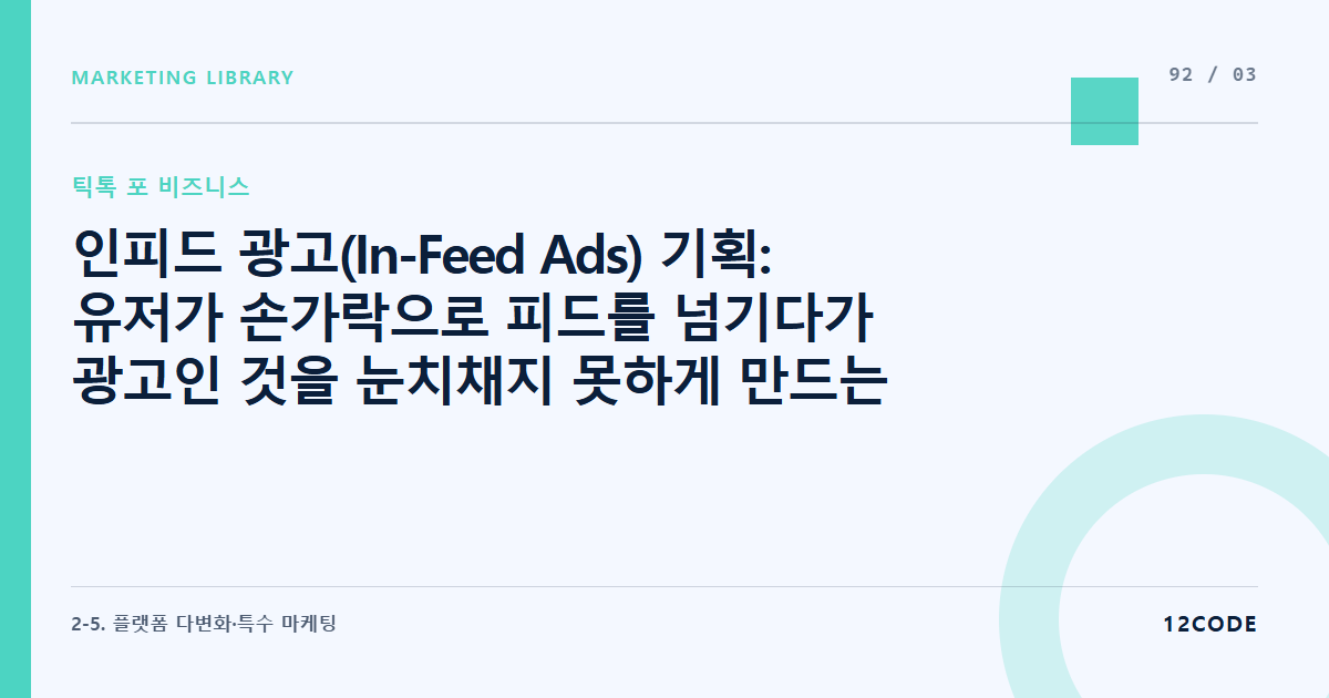 12code 라이브러리 아티클 표지. 인피드 광고(In-Feed Ads) 기획: 유저가 손가락으로 피드를 넘기다가 광고인 것을 눈치채지 못하게 만드는 숏폼 연출 문법
