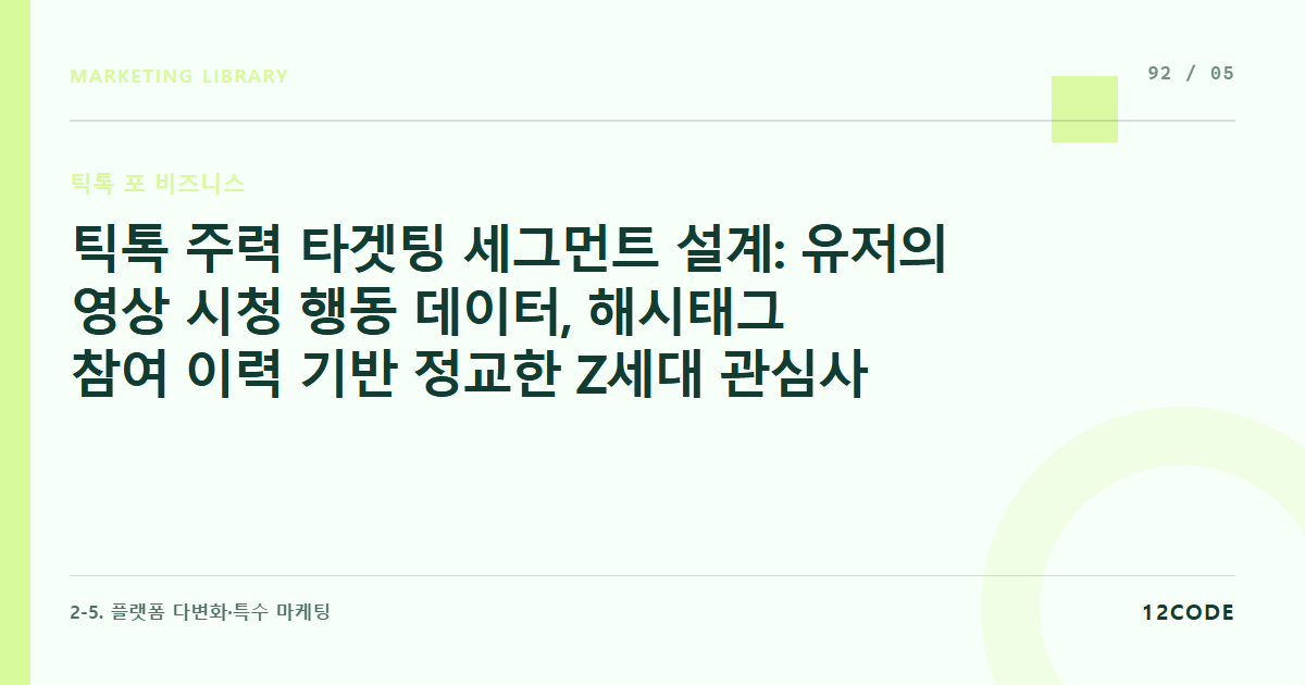 12code 라이브러리 아티클 표지. 틱톡 주력 타겟팅 세그먼트 설계: 유저의 영상 시청 행동 데이터, 해시태그 참여 이력 기반 정교한 Z세대 관심사 타겟 매칭