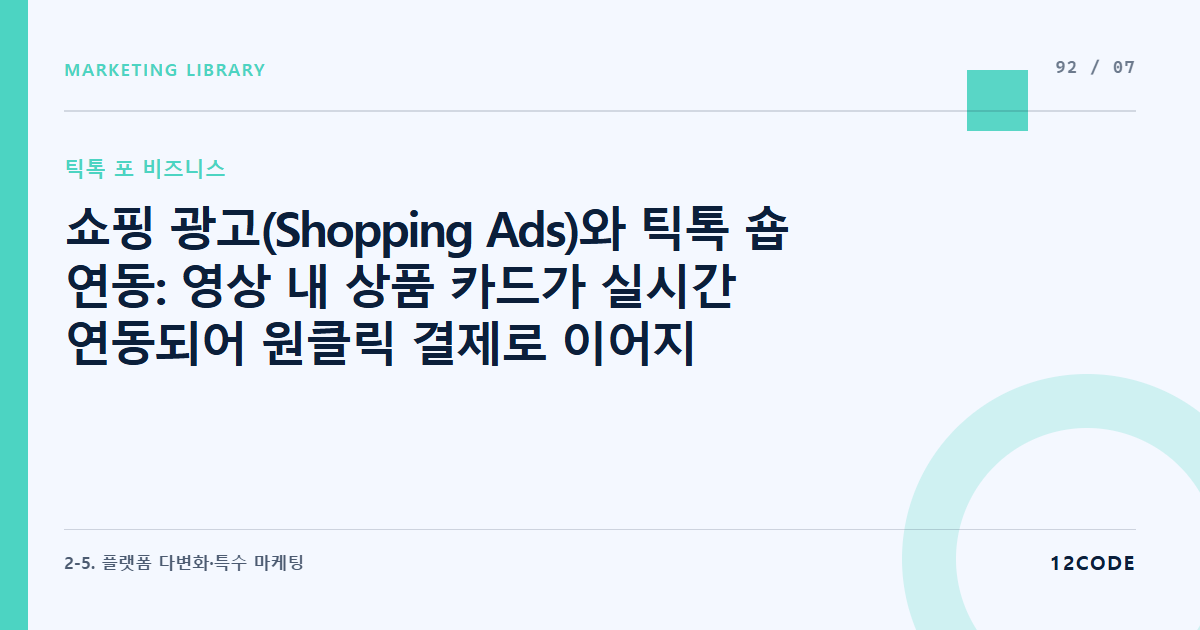 12code 라이브러리 아티클 표지. 쇼핑 광고(Shopping Ads)와 틱톡 숍 연동: 영상 내 상품 카드가 실시간 연동되어 원클릭 결제로 이어지는 커머스 세팅