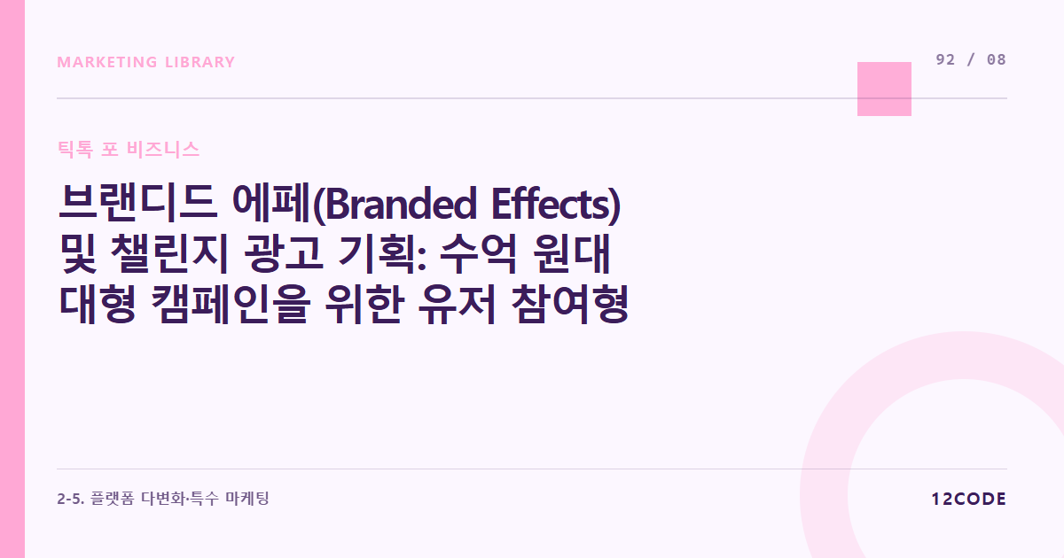 12code 라이브러리 아티클 표지. 브랜디드 에페(Branded Effects) 및 챌린지 광고 기획: 수억 원대 대형 캠페인을 위한 유저 참여형 AR 필터 마케팅 프로세스