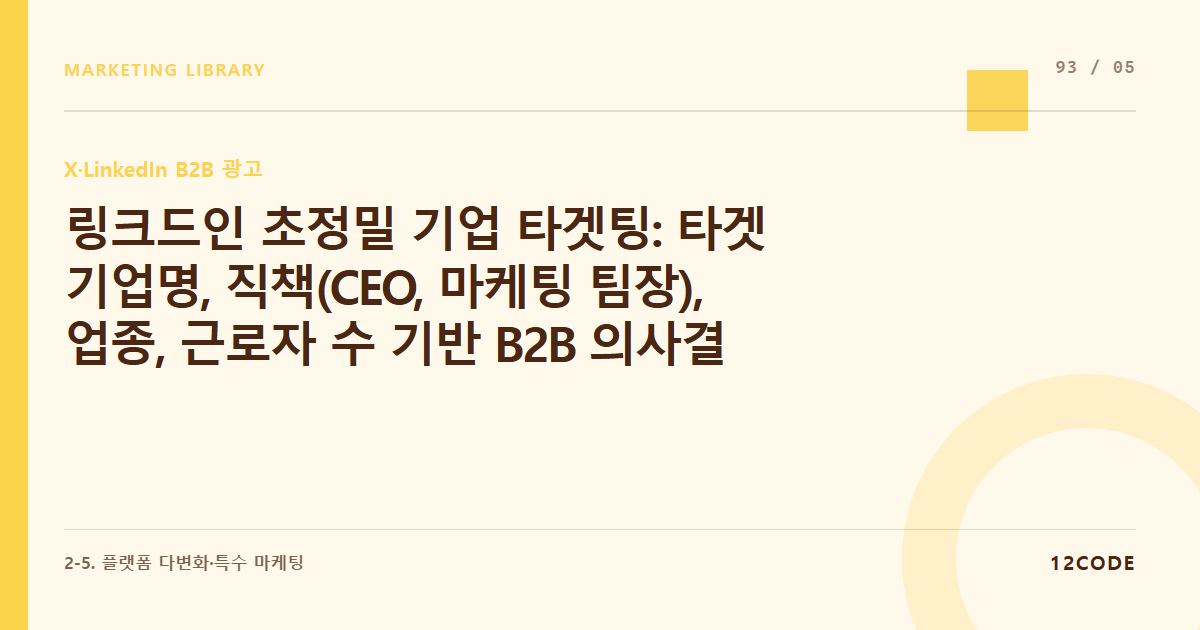 12code 라이브러리 아티클 표지. 링크드인 초정밀 기업 타겟팅: 타겟 기업명, 직책(CEO, 마케팅 팀장), 업종, 근로자 수 기반 B2B 의사결정권자 저격 세팅