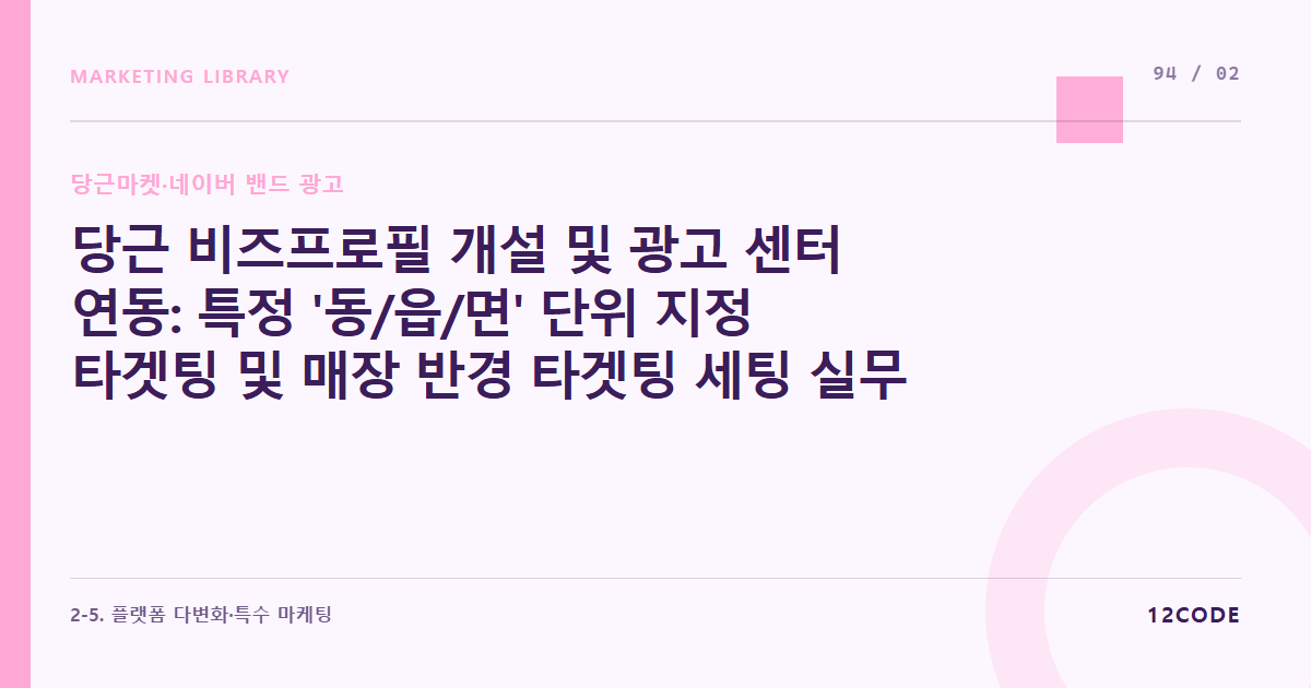12code 라이브러리 아티클 표지. 당근 비즈프로필 개설 및 광고 센터 연동: 특정 '동/읍/면' 단위 지정 타겟팅 및 매장 반경 타겟팅 세팅 실무