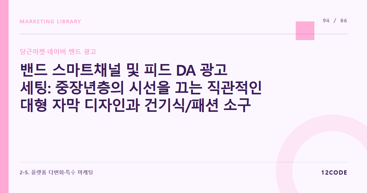 12code 라이브러리 아티클 표지. 밴드 스마트채널 및 피드 DA 광고 세팅: 중장년층의 시선을 끄는 직관적인 대형 자막 디자인과 건기식/패션 소구 카피라이팅