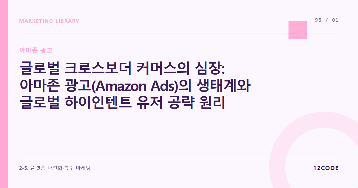 12code 라이브러리 아티클 표지. 글로벌 크로스보더 커머스의 심장: 아마존 광고(Amazon Ads)의 생태계와 글로벌 하이인텐트 유저 공략 원리