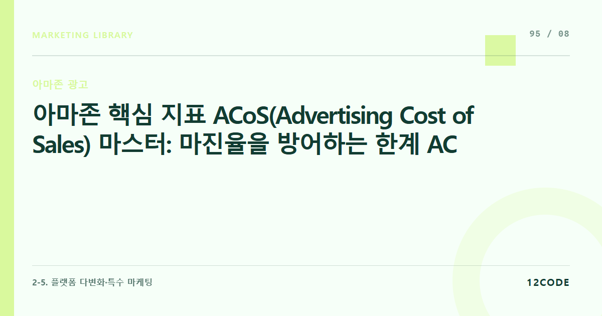 12code 라이브러리 아티클 표지. 아마존 핵심 지표 ACoS(Advertising Cost of Sales) 마스터: 마진율을 방어하는 한계 ACoS 계산 및 입찰 단가 자동 최적화 룰