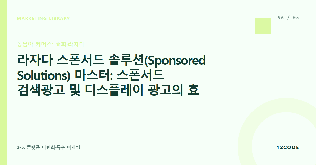 12code 라이브러리 아티클 표지. 라자다 스폰서드 솔루션(Sponsored Solutions) 마스터: 스폰서드 검색광고 및 디스플레이 광고의 효율적 예산 분배 가이드