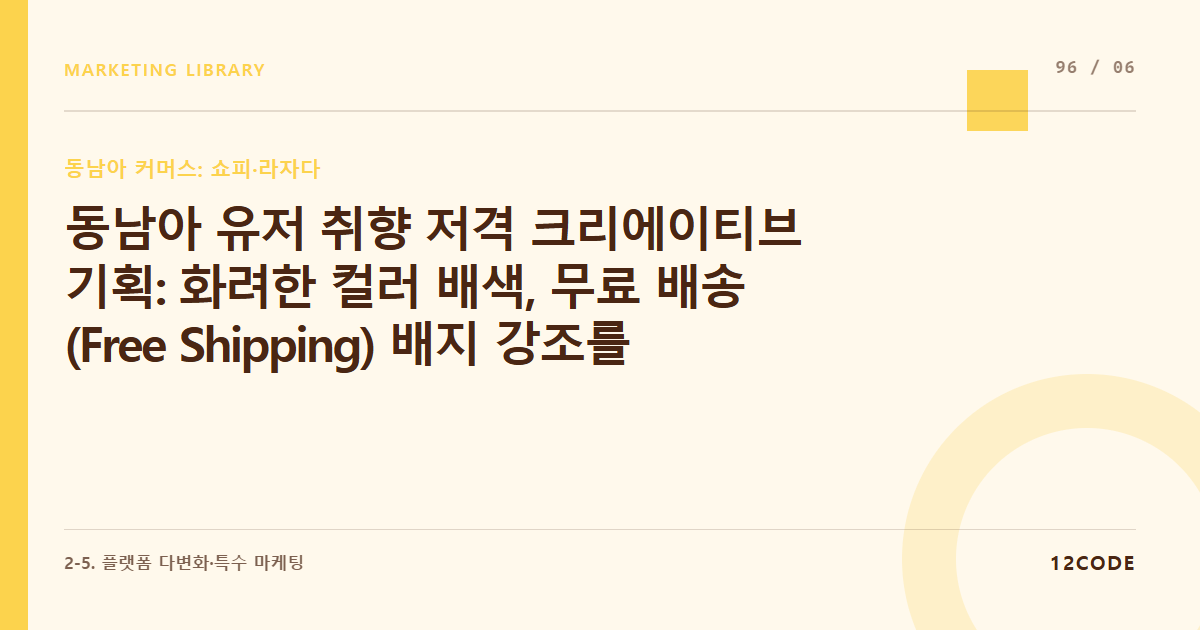 12code 라이브러리 아티클 표지. 동남아 유저 취향 저격 크리에이티브 기획: 화려한 컬러 배색, 무료 배송(Free Shipping) 배지 강조를 통한 인앱 클릭률 상승법
