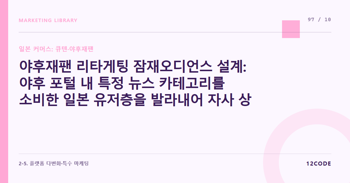 12code 라이브러리 아티클 표지. 야후재팬 리타게팅 잠재오디언스 설계: 야후 포털 내 특정 뉴스 카테고리를 소비한 일본 유저층을 발라내어 자사 상품 매칭하기