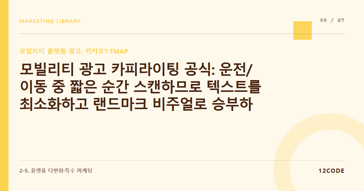 12code 라이브러리 아티클 표지. 모빌리티 광고 카피라이팅 공식: 운전/이동 중 짧은 순간 스캔하므로 텍스트를 최소화하고 랜드마크 비주얼로 승부하는 디자인 룰