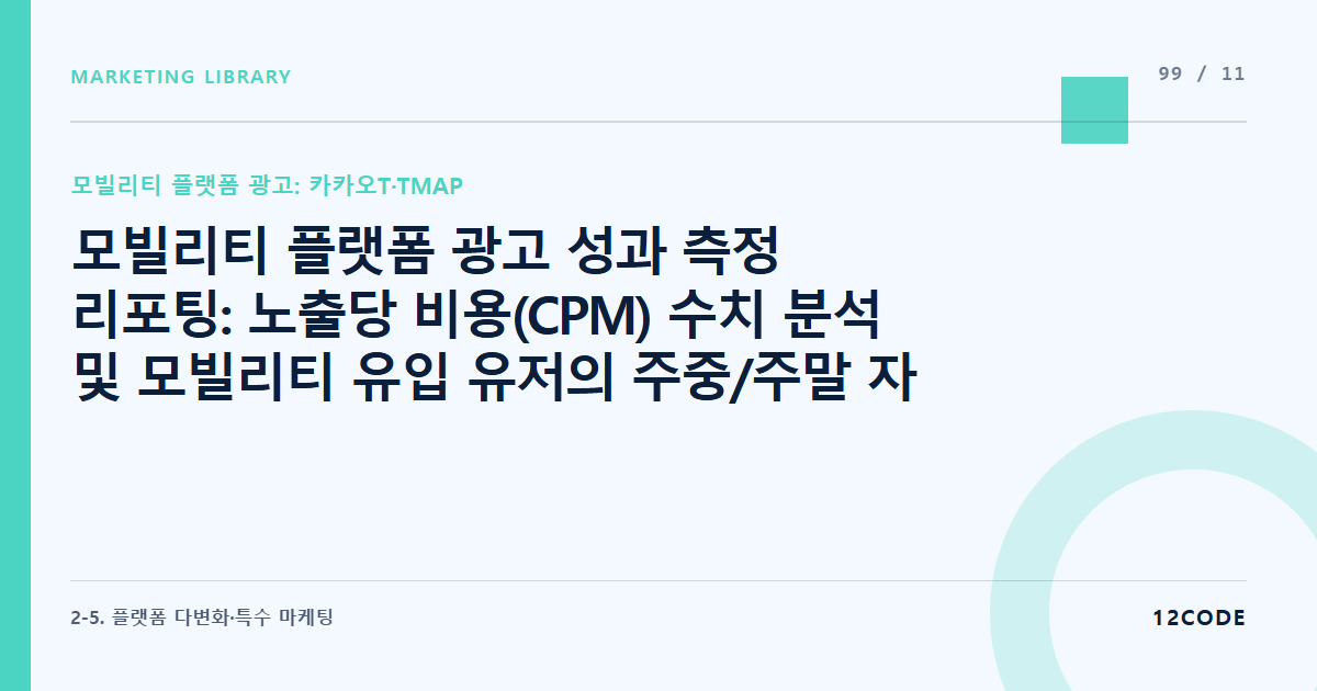 12code 라이브러리 아티클 표지. 모빌리티 플랫폼 광고 성과 측정 리포팅: 노출당 비용(CPM) 수치 분석 및 모빌리티 유입 유저의 주중/주말 자사몰 매출 기여도 평가