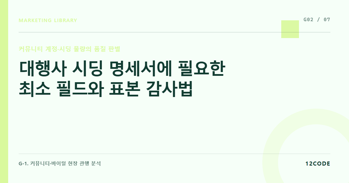 12code 라이브러리 아티클 표지. 대행사 시딩 명세서에 필요한 최소 필드와 표본 감사법