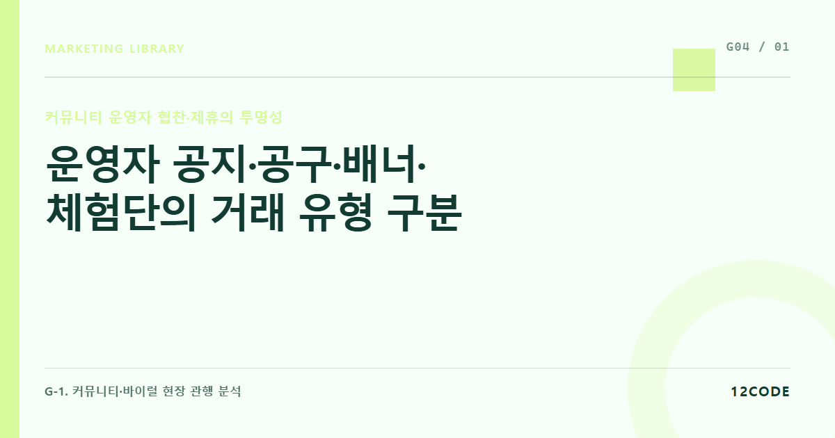 12code 라이브러리 아티클 표지. 운영자 공지·공구·배너·체험단의 거래 유형 구분